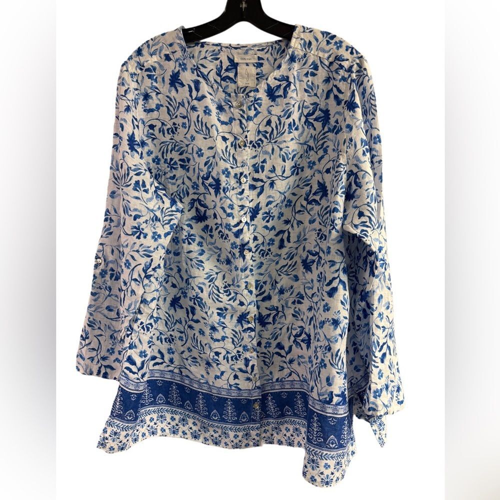 Joie Blue & White Linen Floral Button Down Roll Tab Sleeve Top Size 2X